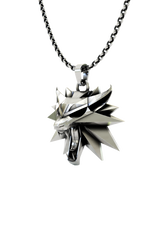 Wolf School Pendant shown on a model to demonstrate its size and how it wears as the iconic Witcher medallion.