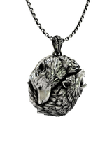 Wolf School Pendant shown on a model to demonstrate its size and how it wears as the iconic Witcher medallion.