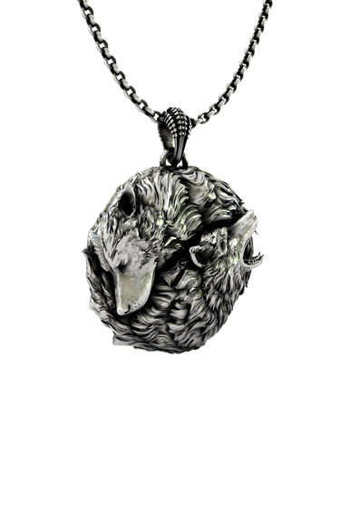 Wolf School Pendant shown on a model to demonstrate its size and how it wears as the iconic Witcher medallion.