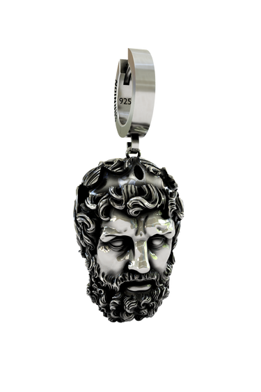 Zeus Head Earring in 925 sterling silver - front view showcasing the powerful, classical sculpture of the Greek god's head.