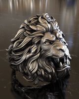 Handcrafted silver lion ring side profile showing the intricate mane details and roaring expression with bared teeth.