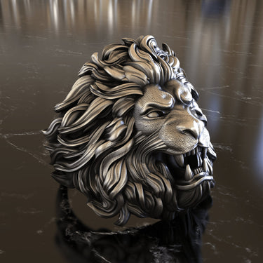 Handcrafted silver lion ring side profile showing the intricate mane details and roaring expression with bared teeth.