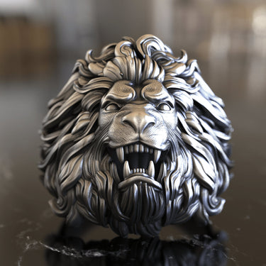 Oxidized 925 sterling silver lion ring front view highlighting the fierce, symmetrical face and detailed fangs.