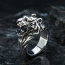 925 sterling silver tiger ring with roaring tiger head design and oxidized finish on dark background