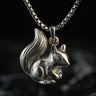 925 sterling silver squirrel pendant with detailed fur texture and bushy tail on black background