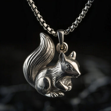925 sterling silver squirrel pendant with detailed fur texture and bushy tail on black background
