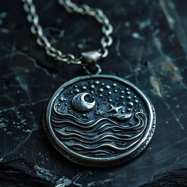 925 sterling silver celestial pendant with crescent moon stars and waves on dark textured background showing detail