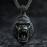925 sterling silver gorilla head pendant with roaring mouth and detailed fur texture on dark background