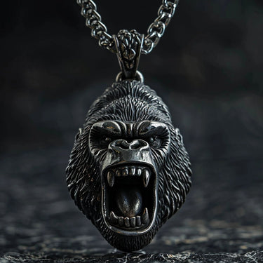 925 sterling silver gorilla head pendant with roaring mouth and detailed fur texture on dark background
