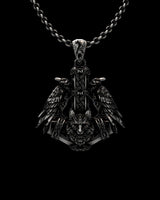 925 sterling silver Viking raven pendant with dual ravens and battle axe displayed on black background with chain