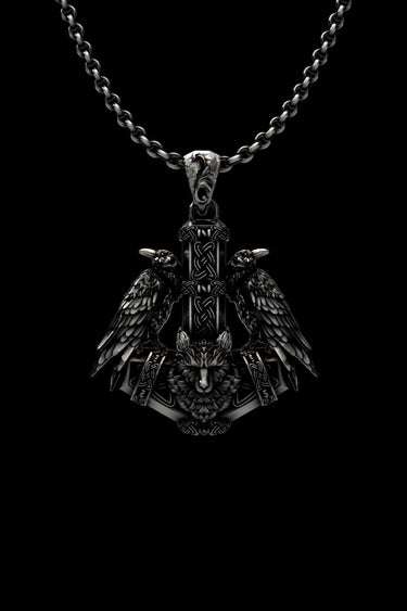 925 sterling silver Viking raven pendant with dual ravens and battle axe displayed on black background with chain