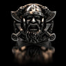 Front view of the silver Viking Warrior ring showcasing the detailed berserker face and crossed axes on a black background.