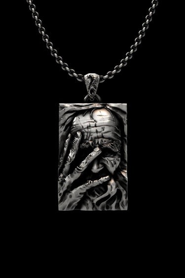 Front view of the Silver Wisdom Pendant in 925 sterling silver, showing a philosopher's face in high-relief.