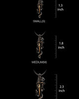 Three size comparison of silver panther sword pendant showing 1.3, 1.8 and 2.3 inch measurements with chains