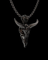 Close-up of Baphomet skull pendant showing ornamental engravings and central mystical eye symbol in sterling silver
