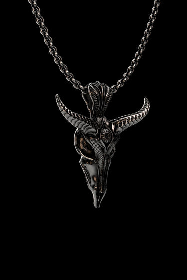 Close-up of Baphomet skull pendant showing ornamental engravings and central mystical eye symbol in sterling silver