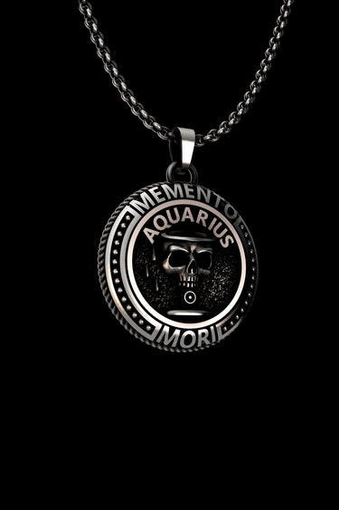 Close-up view of handcrafted Aquarius pendant showing oxidized detailing and sterling silver craftsmanship