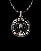 925 sterling silver Aries pendant with detailed ram skull and memento mori design on black background