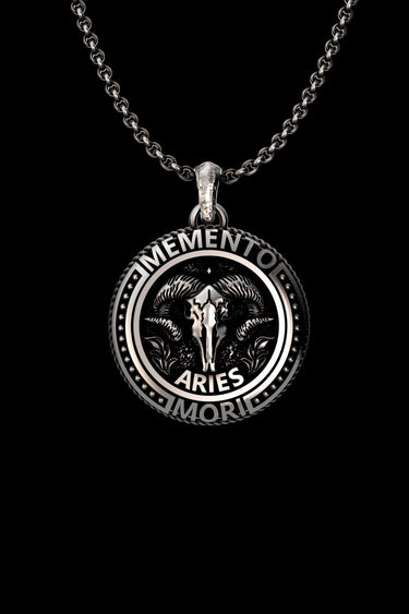 925 sterling silver Aries pendant with detailed ram skull and memento mori design on black background