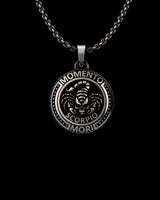 925 sterling silver Scorpio pendant with detailed skull and scorpion design on black background chain necklace