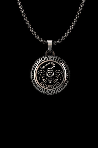 925 sterling silver Scorpio pendant with detailed skull and scorpion design on black background chain necklace