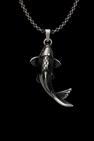 925 sterling silver koi fish pendant with detailed scales and fins displayed on black background with chain