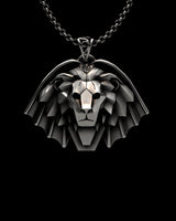 Silver Lion Pendant with a geometric, faceted design, inspired by the Witcher Manticore medallion, shown on a silver chain.