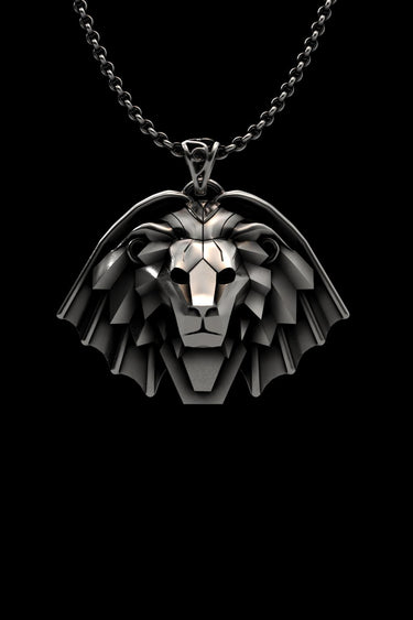 Silver Lion Pendant with a geometric, faceted design, inspired by the Witcher Manticore medallion, shown on a silver chain.