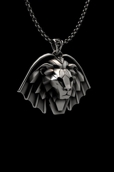 Angled view of the handcrafted Silver Lion Pendant, highlighting the sharp, reflective facets and oxidized 925 sterling silver.