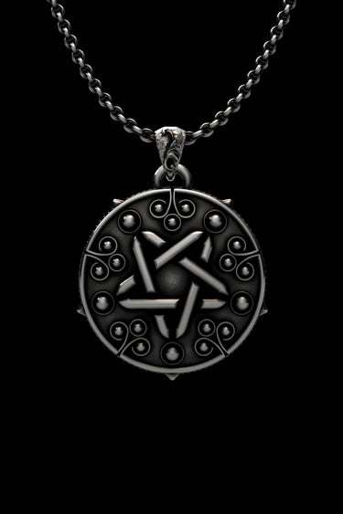925 sterling silver Witcher Yennefer pentagram pendant with mystical orbs on black background jewelry display