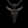 925 sterling silver Baphomet skull pendant with detailed horns and mystical eye on black background showing gothic design