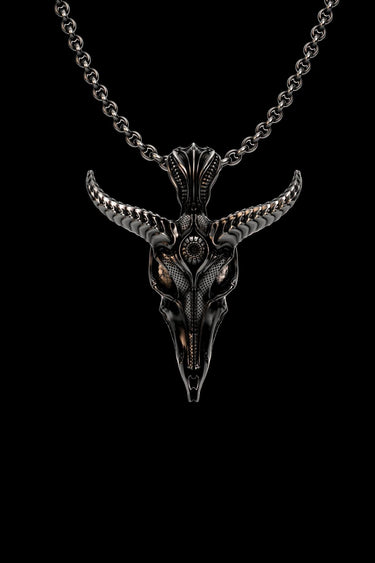 925 sterling silver Baphomet skull pendant with detailed horns and mystical eye on black background showing gothic design