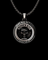 925 sterling silver Aquarius pendant with memento mori skull design and zodiac inscription on black background