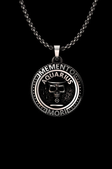 925 sterling silver Aquarius pendant with memento mori skull design and zodiac inscription on black background