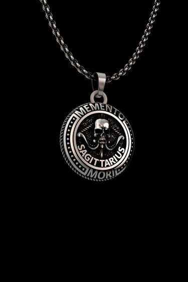 Angled view of the handcrafted Sagittarius Skull Pendant in 925 sterling silver, highlighting the detailed gothic design.