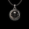 Silver Sagittarius Skull Pendant featuring a central skull, archer's bow, and Memento Mori inscription on an oxidized chain.