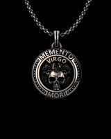 925 sterling silver Virgo zodiac pendant with skull and roses memento mori design on black background