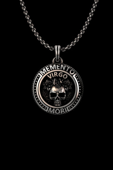 925 sterling silver Virgo zodiac pendant with skull and roses memento mori design on black background