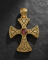 925 sterling silver Celtic cross pendant with detailed Celtic patterns and red garnet centerstone on chain