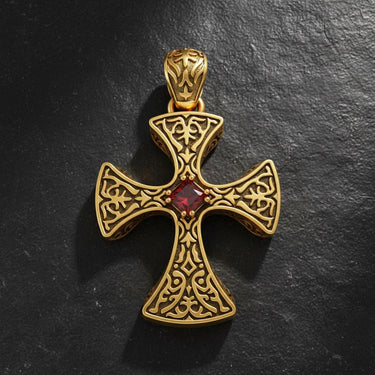 925 sterling silver Celtic cross pendant with detailed Celtic patterns and red garnet centerstone on chain