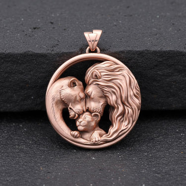 Rose gold finish lion family pendant displaying intricate metalwork and family symbolism in circular design