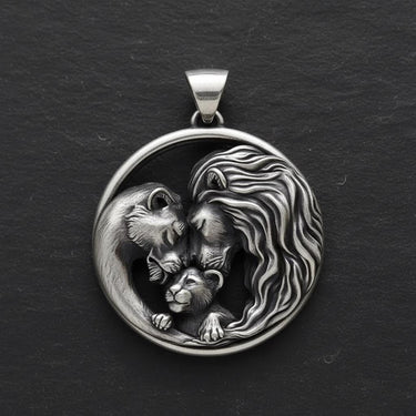925 sterling silver lion family pendant showing parents and cub in protective embrace on dark slate background