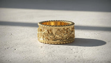 Gold vermeil Last Supper ring showing Jesus Christ and twelve apostles carved around the band in detail