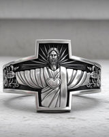 925 sterling silver Jesus cross ring with Sacred Heart and gold vermeil finish displayed on marble surface