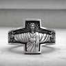 925 sterling silver Jesus cross ring with Sacred Heart and gold vermeil finish displayed on marble surface