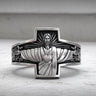 925 sterling silver Jesus cross ring with Christ the Protector design and sacred heart detail on marble surface