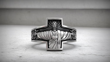 925 sterling silver Jesus cross ring with Christ the Protector design and sacred heart detail on marble surface