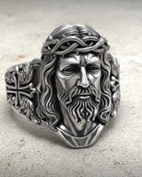 925 sterling silver Jesus ring with Crown of Thorns sculpture showing detailed Christ face and flowing beard