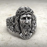 925 sterling silver Jesus ring with Crown of Thorns sculpture showing detailed Christ face and flowing beard