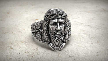 925 sterling silver Jesus ring with Crown of Thorns sculpture showing detailed Christ face and flowing beard